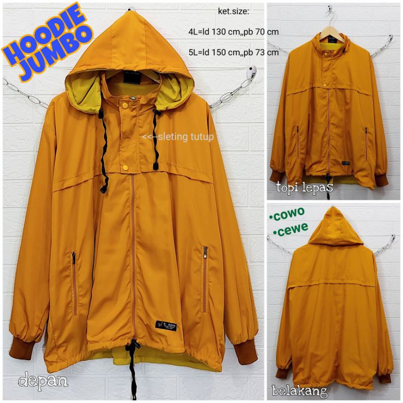 Jaket HOODIE SLETING TUTUP/SUPER JUMBO/ld 130 cm/ld 150 cm/Jaket sepeda/parasut/topi lepas