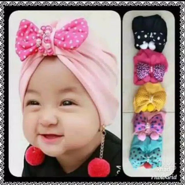 Jilbab Anak Bayi Balita Turban Pita Polkadot Anting Pompom Usia 0-3 Tahun Bahan Jersey Terbaru Termurah/ Alody's Collection
