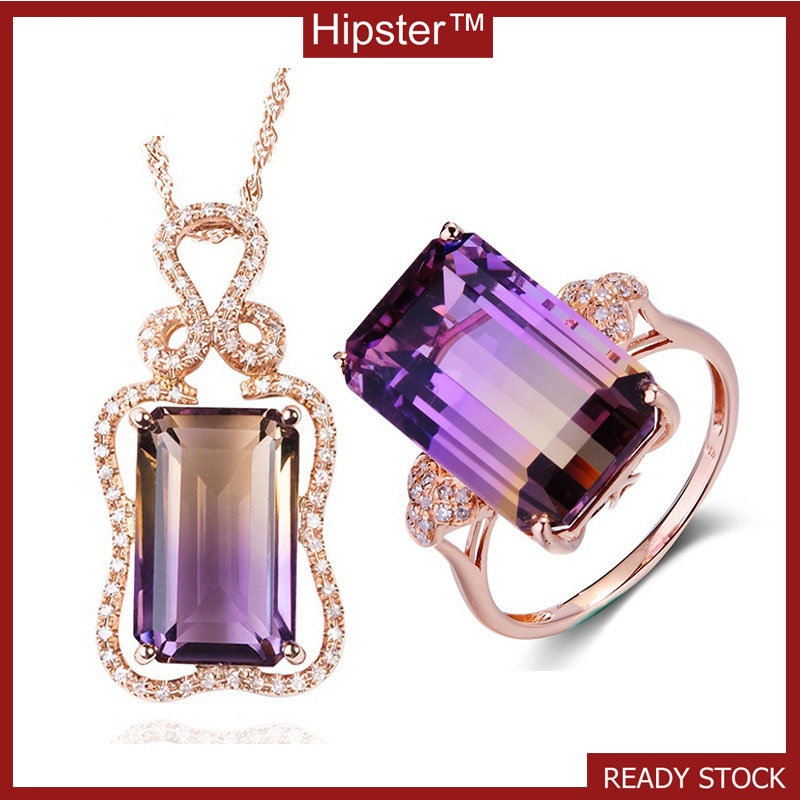 Jewelry Set Fully-Inlaid Natural Color Gemstone Pendant Square Amethyst Ring Two-Piece Set