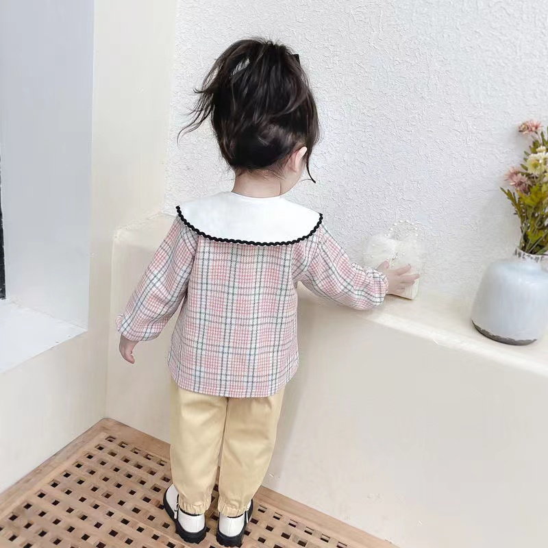 KF CAT Setelan Anak Perempuan  Fashion Kotak-Kotak Lengan Panjang+Blazer+Celana Panjang 3in1Korea Import Umur 1-4 Tahun-4