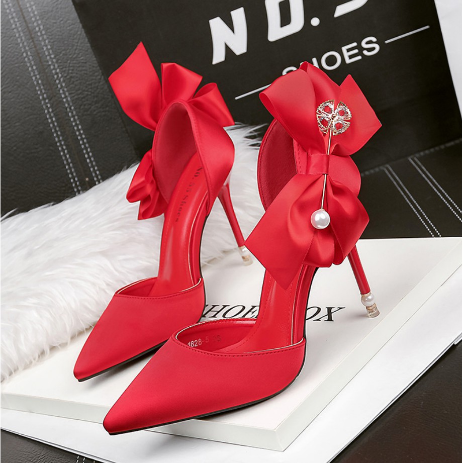 Sepatu wanita import Korean fashion pointed satin high heels bow sexy pearl sandals stiletto