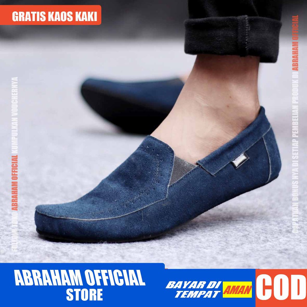 ABRAHAM Sepatu Casual Slip On Kulit Asli Hitam Kerja Slop Pria