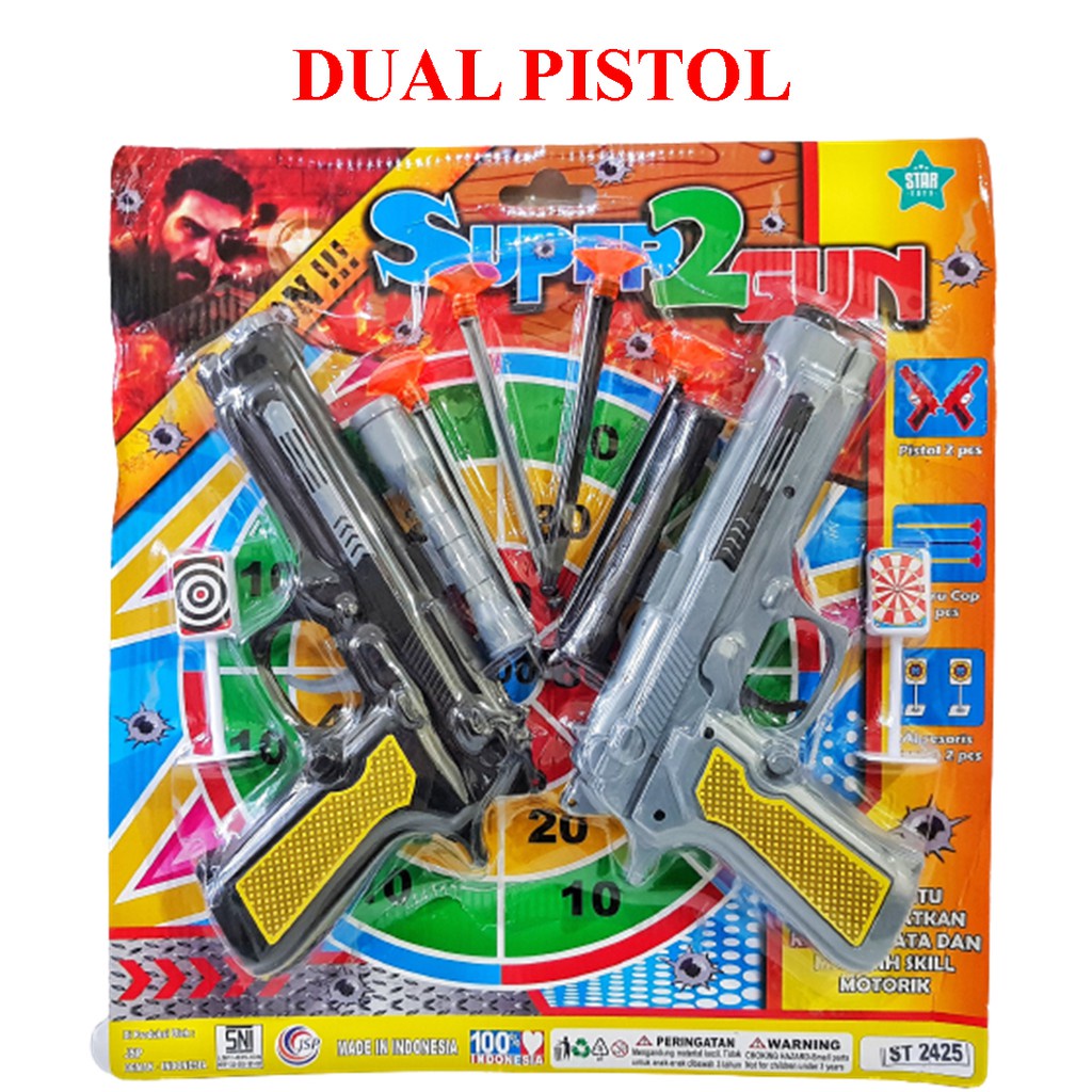 ST2425 Mainan Dual Pistol Cop Hitam isi 2 pc Target Set Press Mika 2425