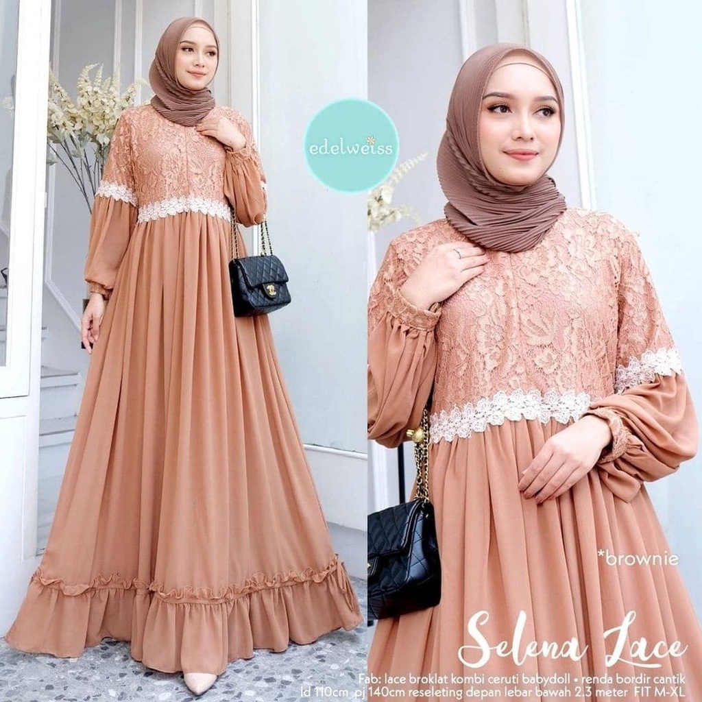 Gamis Brukat Dress Ceruty Babydoll Selena Lace Maxy Baju Busui Friendly Gamis Kondangan Jumbo Busana Muslim Wanita Terbaru