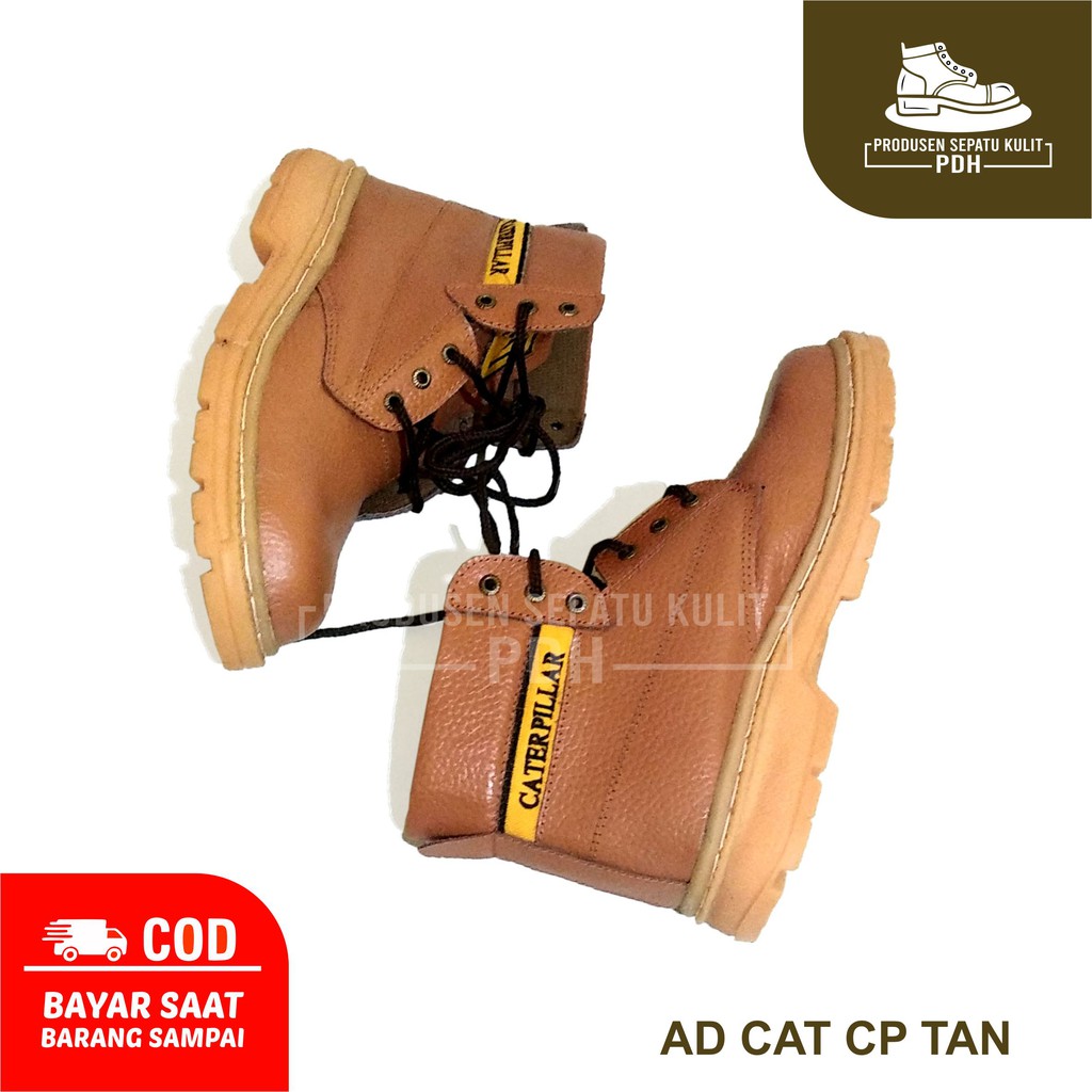 SEPATU SAFETY MURAH BOOT PENDEK TALI KING CATERPILLAR UJUNG BESI KULIT ASLI CAT.CP TAN