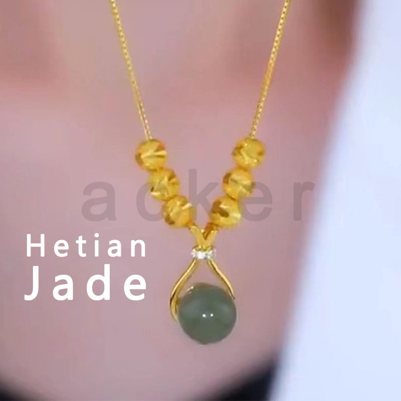 Kalung Liontin Giok Hetian Natural 18K Gold Untuk Wanita
