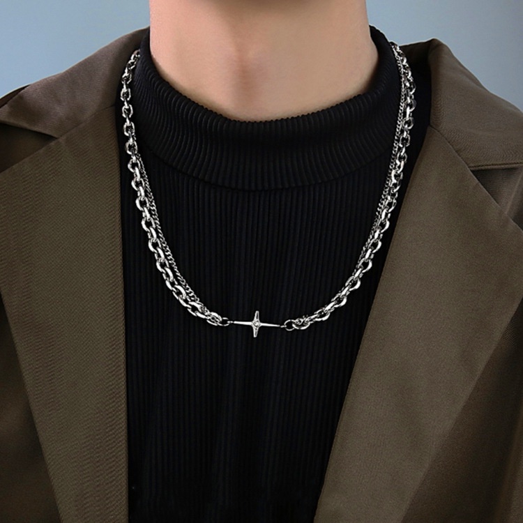 Jepang dan Korea ins double-layer kalung sederhana hip hop titanium baja PL rantai sederhana all-mat