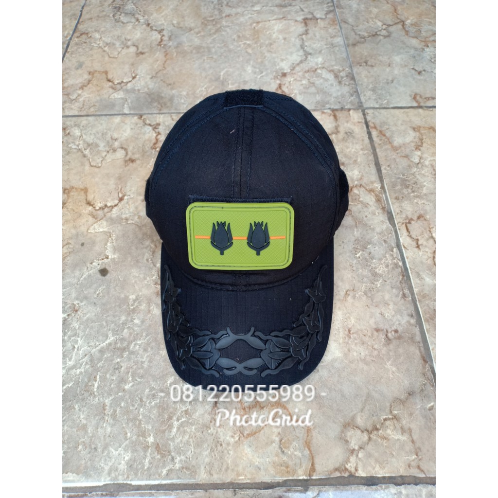Topi pamen TNI AD hitam free patch rubber melati dua