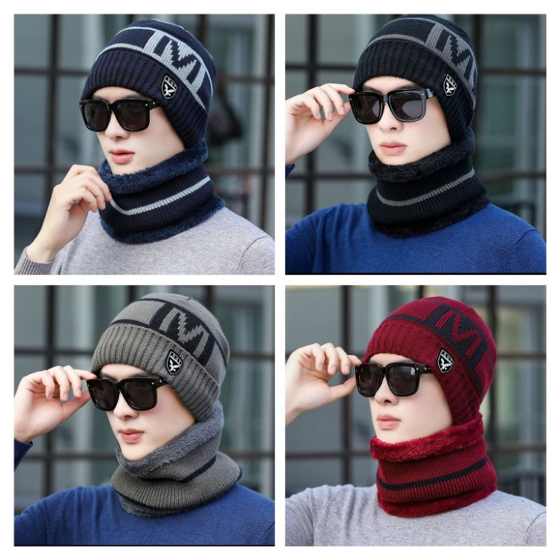 Winter Knitted Beanie Scarf Set man Fur Inside / Topi Kupluk + Syal topi scarf pria