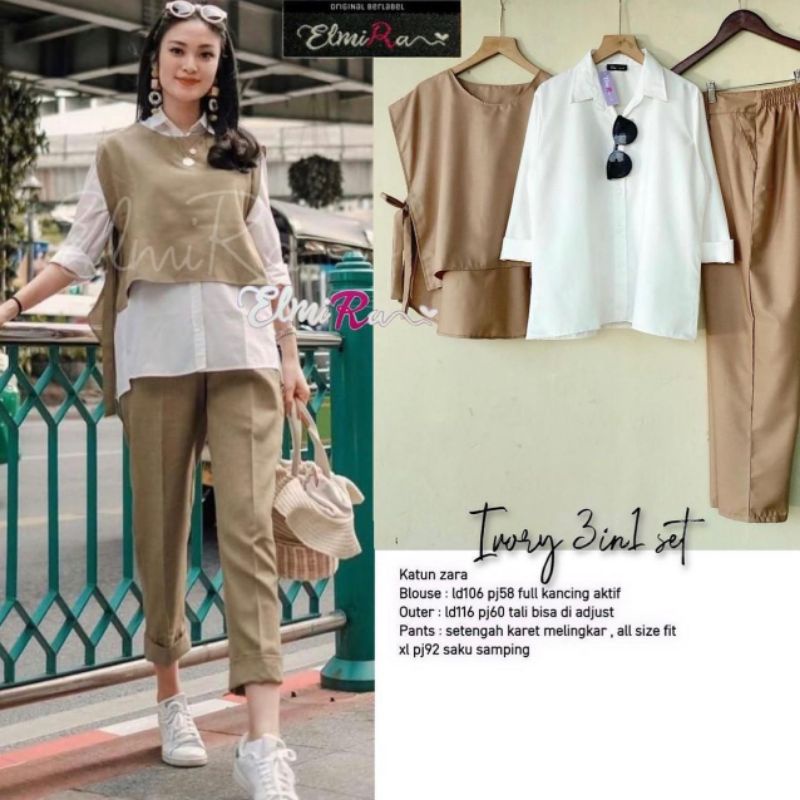 Setelan Wanita Ivory 3in1 Katun Zara (Blouse, Outer, Celana) by ELMIRA