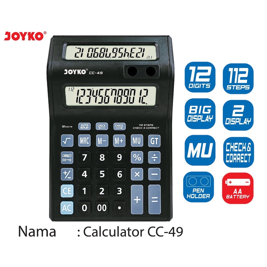 

Kalkulator Joyko Double Layar 12 Digit cc-49 +
