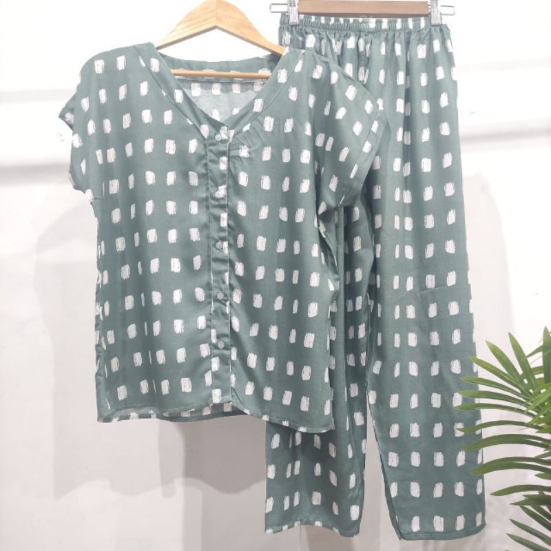 PIYAMA KANCING HITS NON KERAH/V-NECK PIYAMA KANCING BUSUI | PIYAMA RAYON | HOMEWEAR-NK AAD