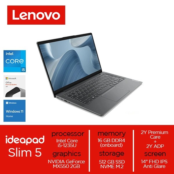 LENOVO IDEAPAD SLIM 5i - i5-1235U - 16GB - 512GB SSD - NVIDIA MX550 2GB - BACKLIT KB - 14&quot;FHD IPS - W11 - OHS