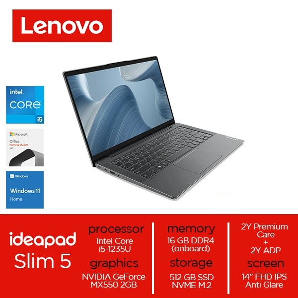 LENOVO IDEAPAD SLIM 5i - i5-1235U - 16GB - 512SSD - MX550 2GB - BACKLIT - 14&quot;FHD IPS - W11 - OFFICE HOME STUDENT