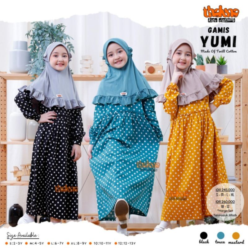 Dress anak perempuan dengan Hijab Kerudung Gamis kid warna mustard black toska hitam kuning  kunyit 
