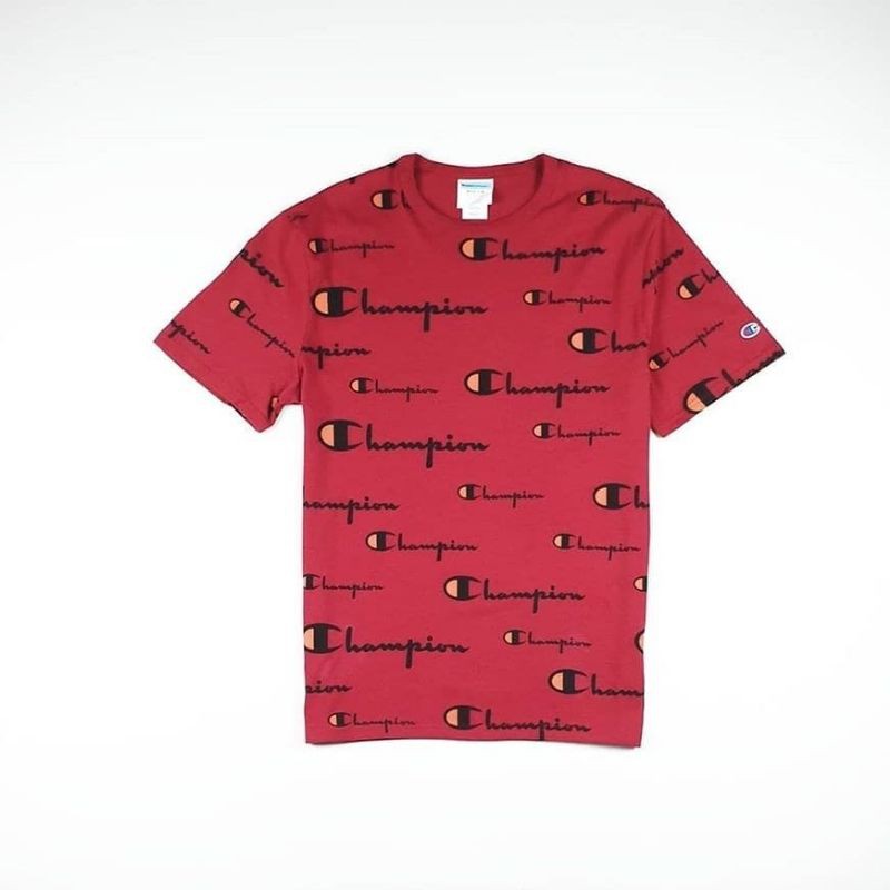 Kaos Tshirt Champion Heritage All Over Script Tee Original Kaos Maroon Merah Red Pria Wanita