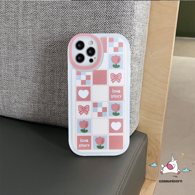Soft Flower Case Realme C55 C15 C30 C53 8i 5 10 Pro Plus C25S C12 C21 C20A C20 C35 C31 C17 C1 C25 GT C3 5i 6i 8 7i 5S 8Pro C21Y Tahan Guncangan Cinta Hati Kotak-Kotak Lensa Oval Telepon She