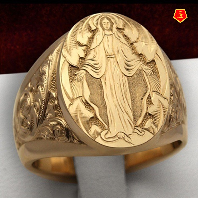 [Ready Stock]Elegant Neutral 18K Gold Virgin Mary Badge Ring