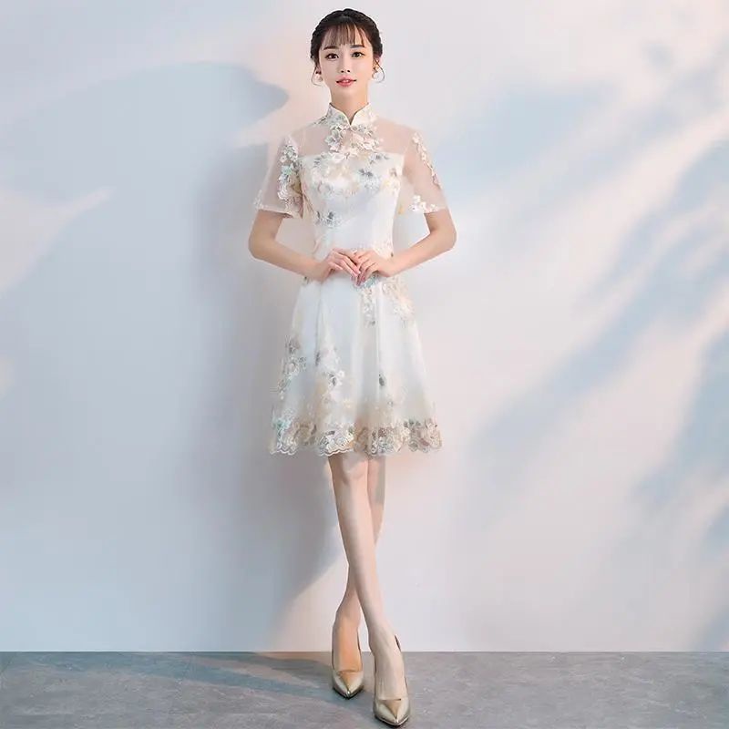 Cheongsam modified lace belly covering slim medium and long dress banquet evening dress short sleeve