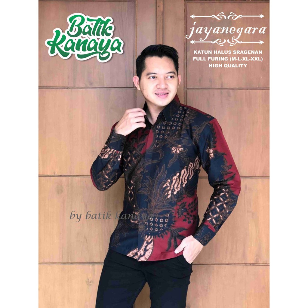 JAYANEGARA Kemeja Batik Pria Lengan Panjang Katun Halus FULL FURING Batik Asli Solo Merah Hitam