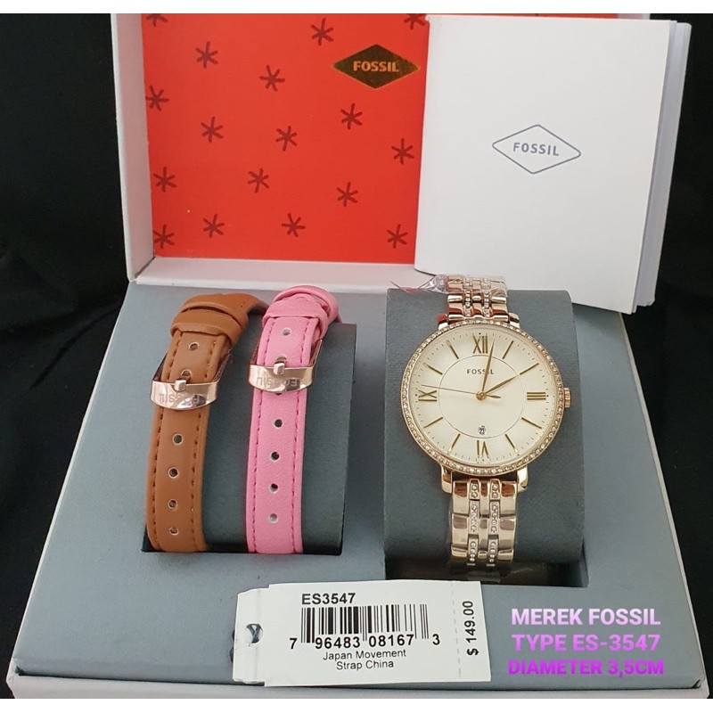 VJ ARLOJI JAM TANGAN WANITA FOSSIL JACQUELINE ES3547 BONUS 2 PCS STRAP LEATHER
