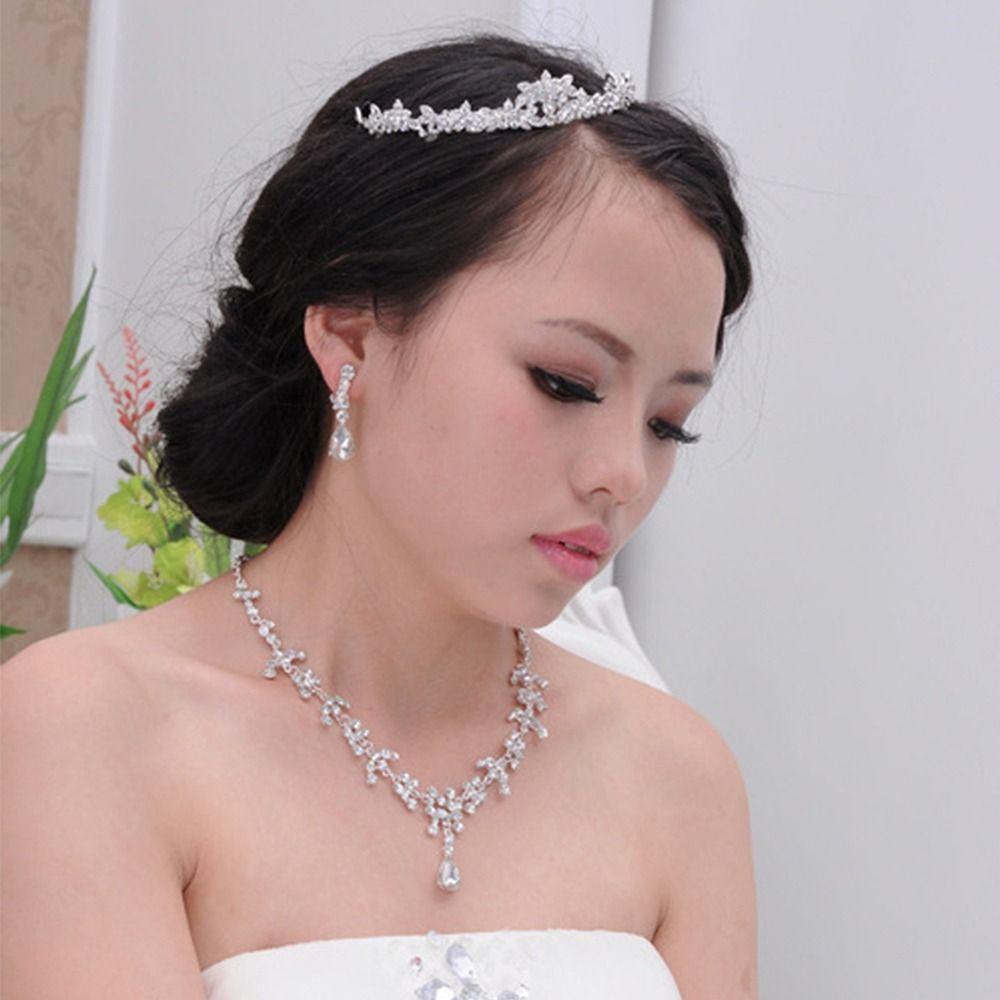 Needway   Set Perhiasan Pernikahan Pengantin Bergaya Shiny Hook Earrings Berlian Imitasi Disepuh Alloy Mahkota Kristal