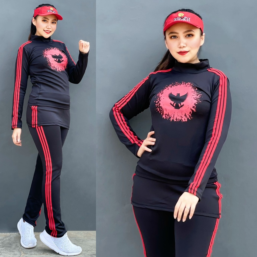 ND4 Setelan Baju Senam Aerobic Zumba Gym Fitness Jogging Olahraga Hijab Muslim MERAH PUTIH GARUDA