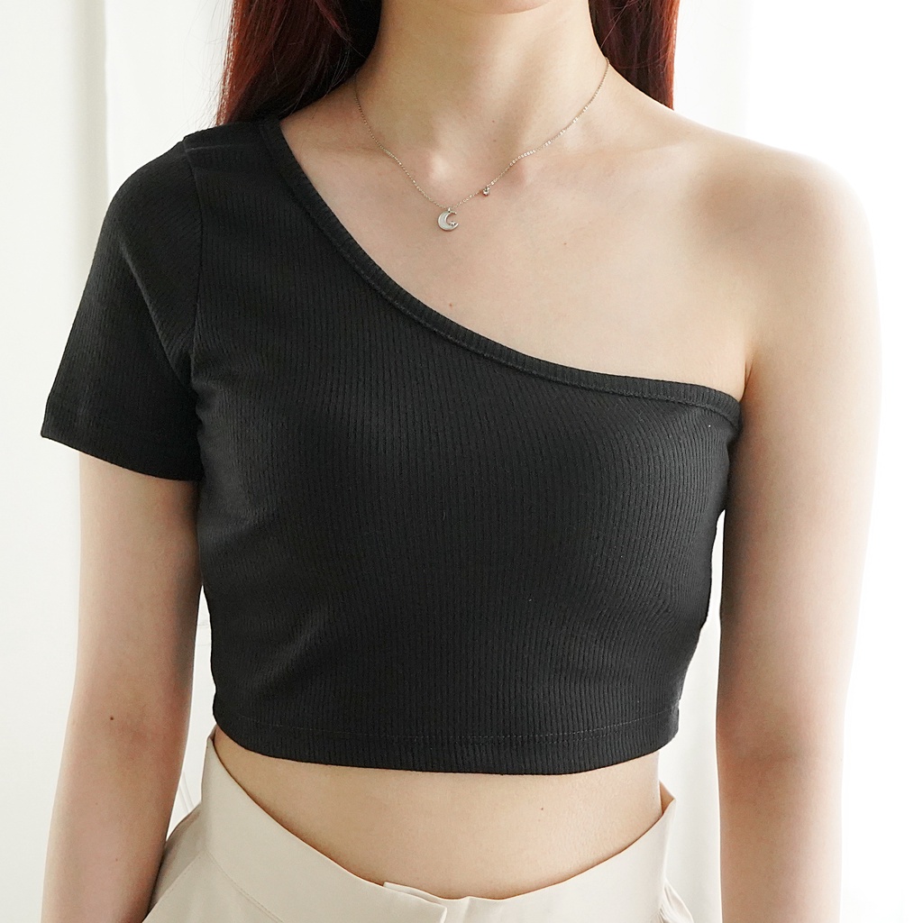 Korean Croptop Knit One Shoulder Wanita Crop Tank Top Rajut 128