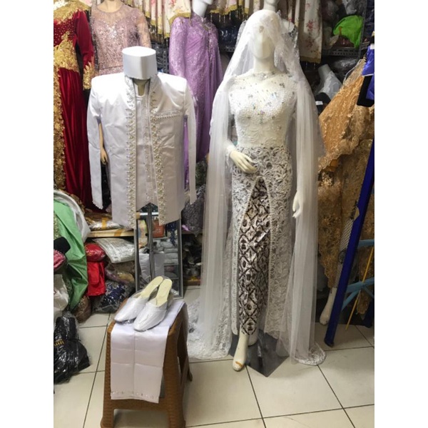 Sepasang kebaya PENGANTIN akad putih full payet ekor panjang