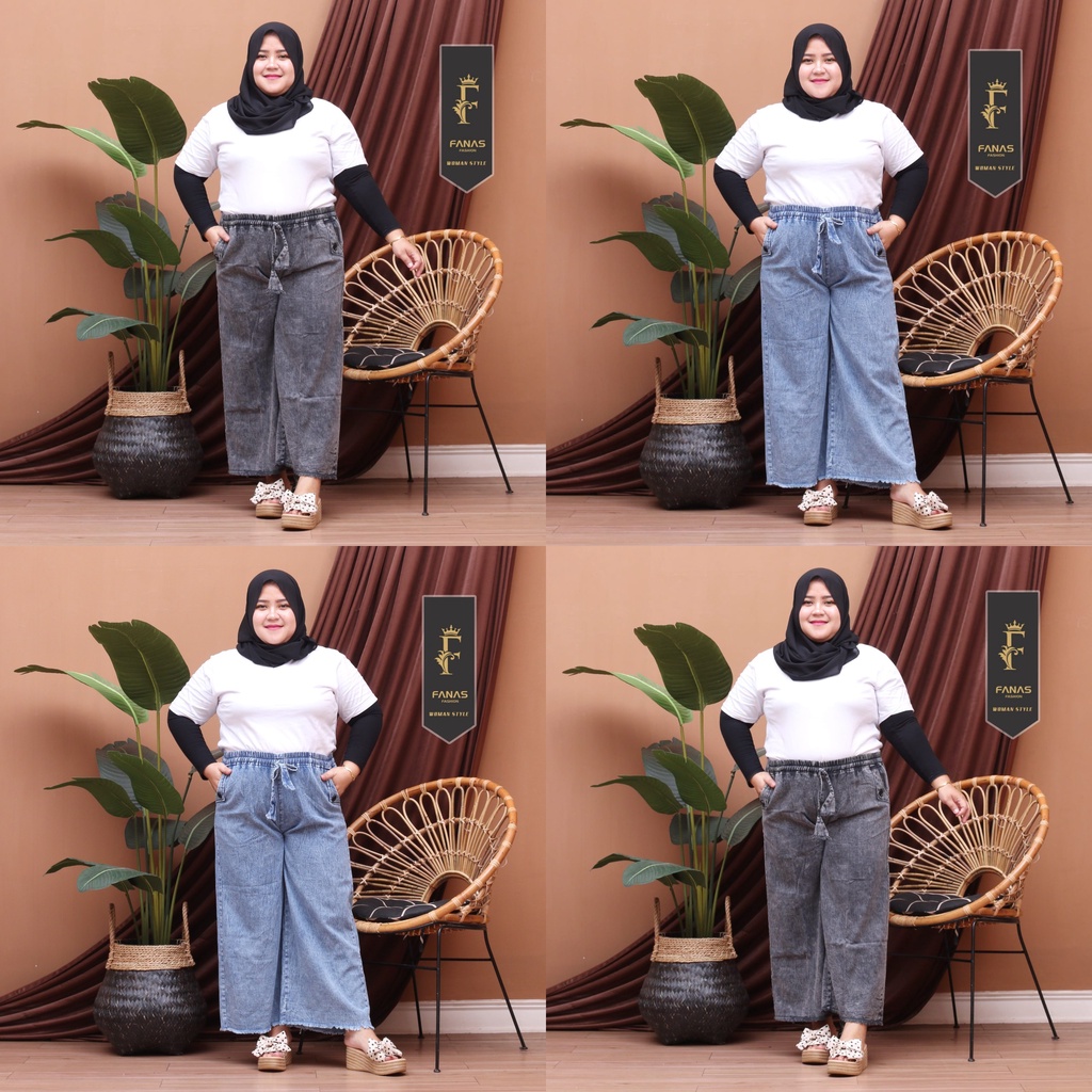 Celana kulot jumbo jeans rawis warna snow black dan snow blue muat BB 80 kg