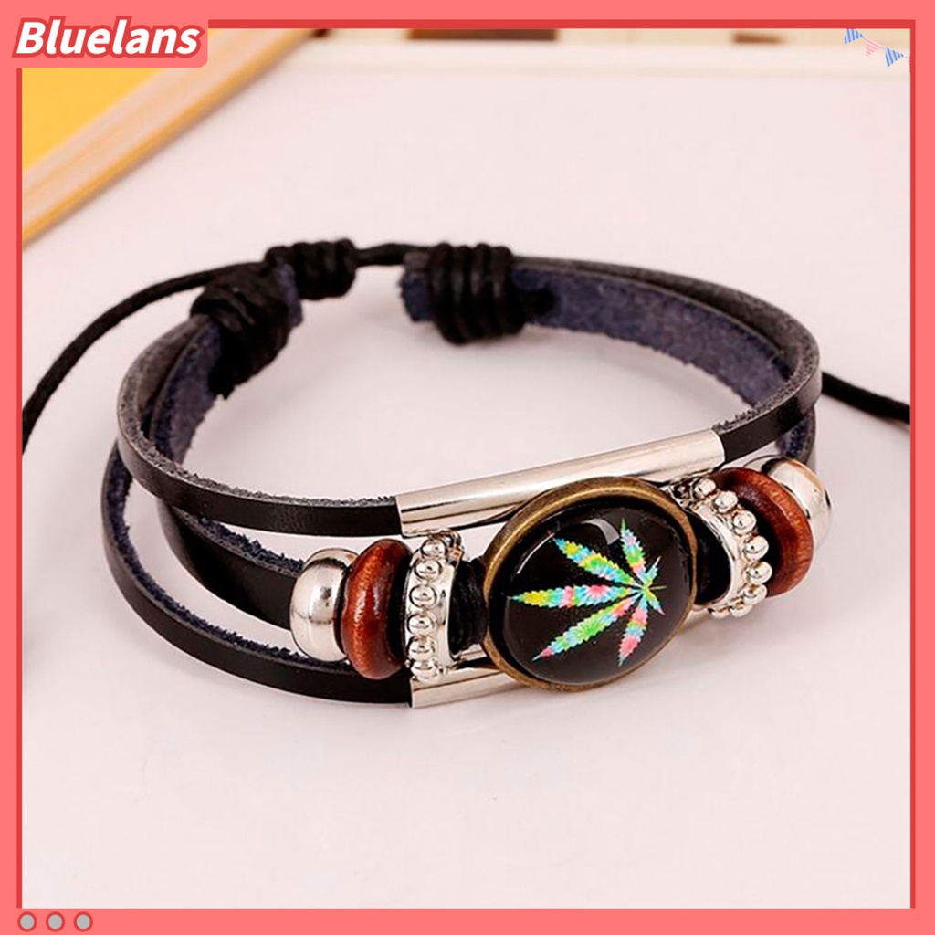 Bluelans Punk Unisex Maple Leaf Beads Faux Leather Wristband Jewelry Party Club Bracelet