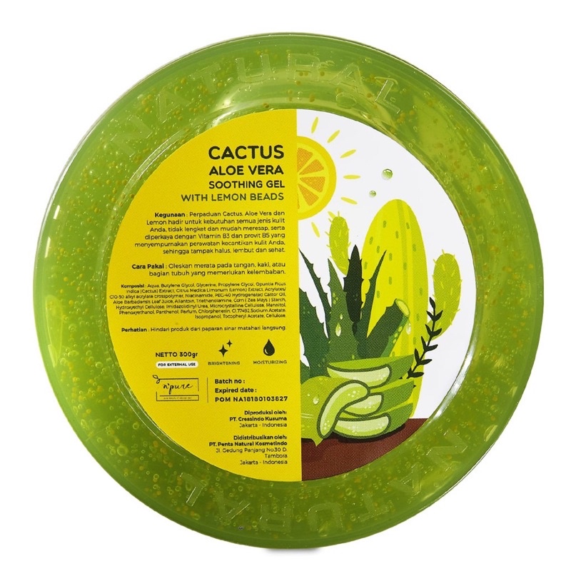 NPURE Cactus Aloe Vera Soothing Gel 300ml (Pelembab Wajah Badan Tubuh, Moisturizer Gel)