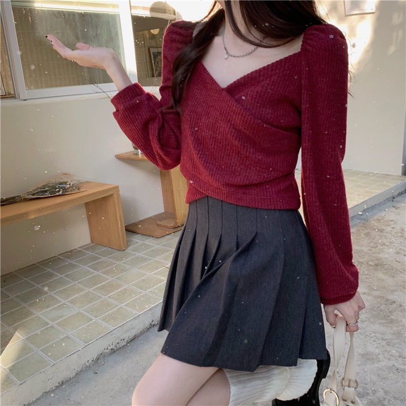 Suhao American Tops Square Neck Knit Wanita Sweater Merah Pendek Rasa Prancis Atasan Lengan Puff