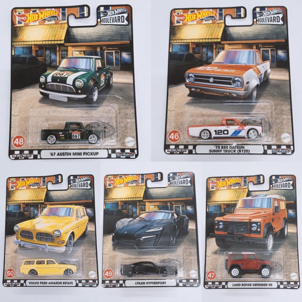 Diecast Hot Wheels SET OF 5 Boulevard K 67 Austin Mini Pickup Hijau | Lykan Hypersport Hitam | Volvo P220 Amazon Estate Kuning | 76 Bre Datsun Sunny Truck B120 Pickup Pick Up | Land Rover Defender 90 Merah Landy Mobil Mainan Anak