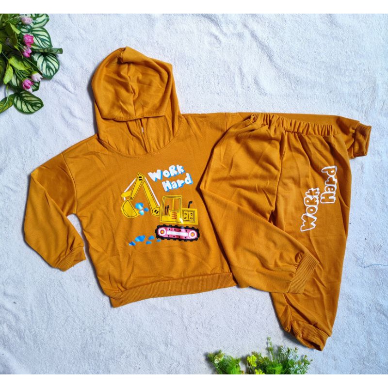 Setelan jumper anak cowok laki laki baju kaos kupluk anak kapal keruk excavator hoodie hodi topi