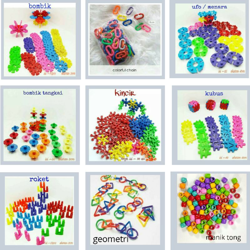 Bombik 100 gr kubus, kompor, roket, geometri, rantai c, manik tong bunga, kincir