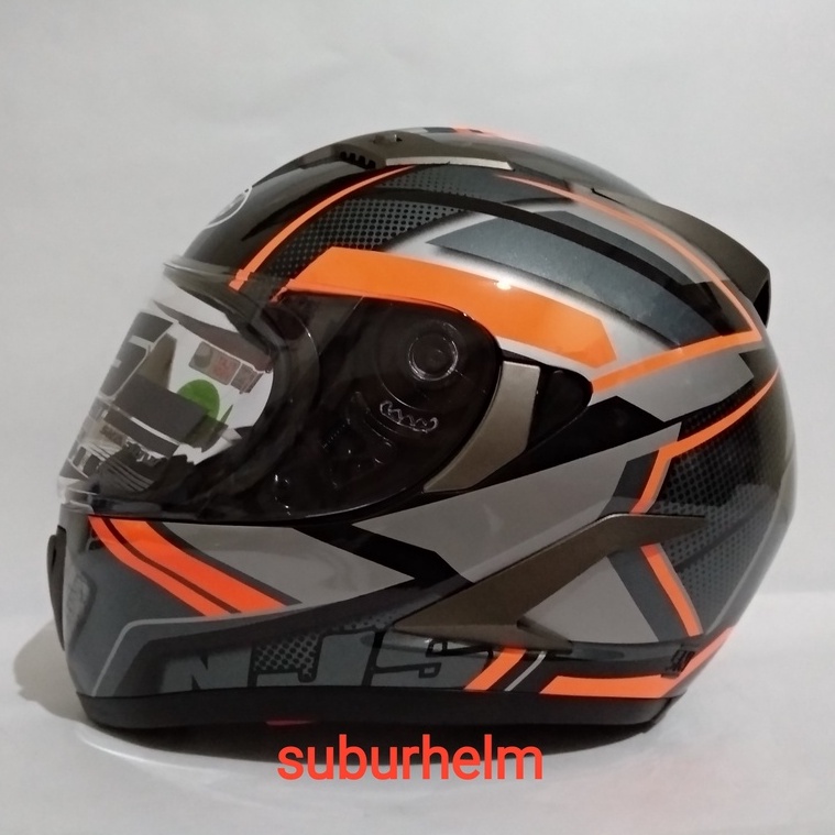 HELM  NJS  SHADOW   TITAN  GUN METAL/ ORANGE  FLOU   FREE  FLAT VISOR +TEAR OFF CLEAR   PAKET GANTEN