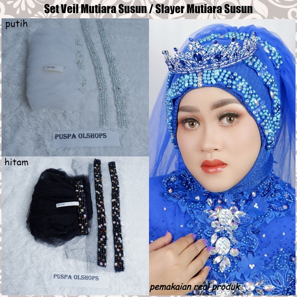 Set Veil Mutiara Susun Slayer Mutiara Susun putih-hitam