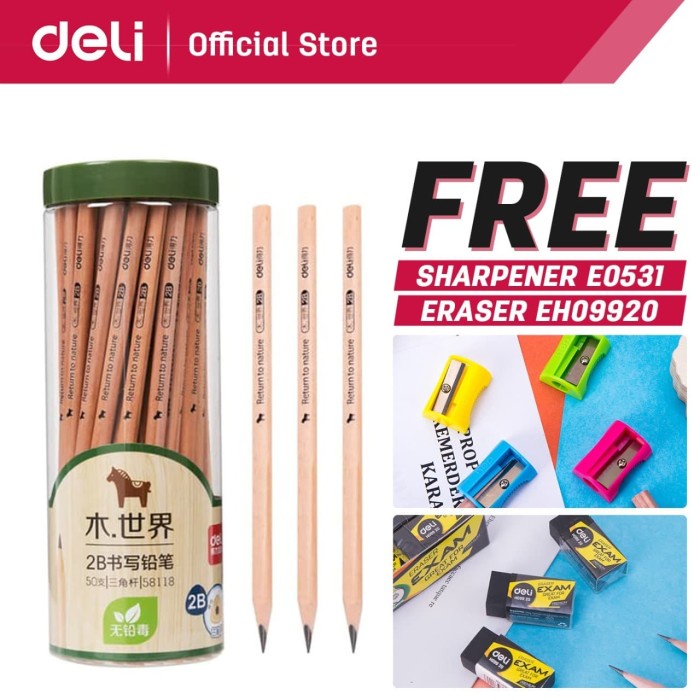 

TULIS-ALAT- DELI PENSIL KAYU/ PENCIL - 2B 50PCS/TABUNG - SUDAH DIASAH 58118 -ALAT-TULIS.