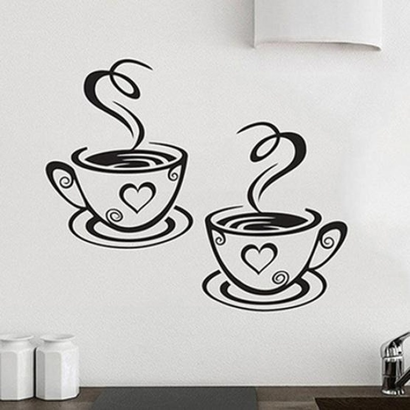 Stiker Dinding Desain Kartun Cangkir Kopi Teh Bahan Pvc Dengan Perekat