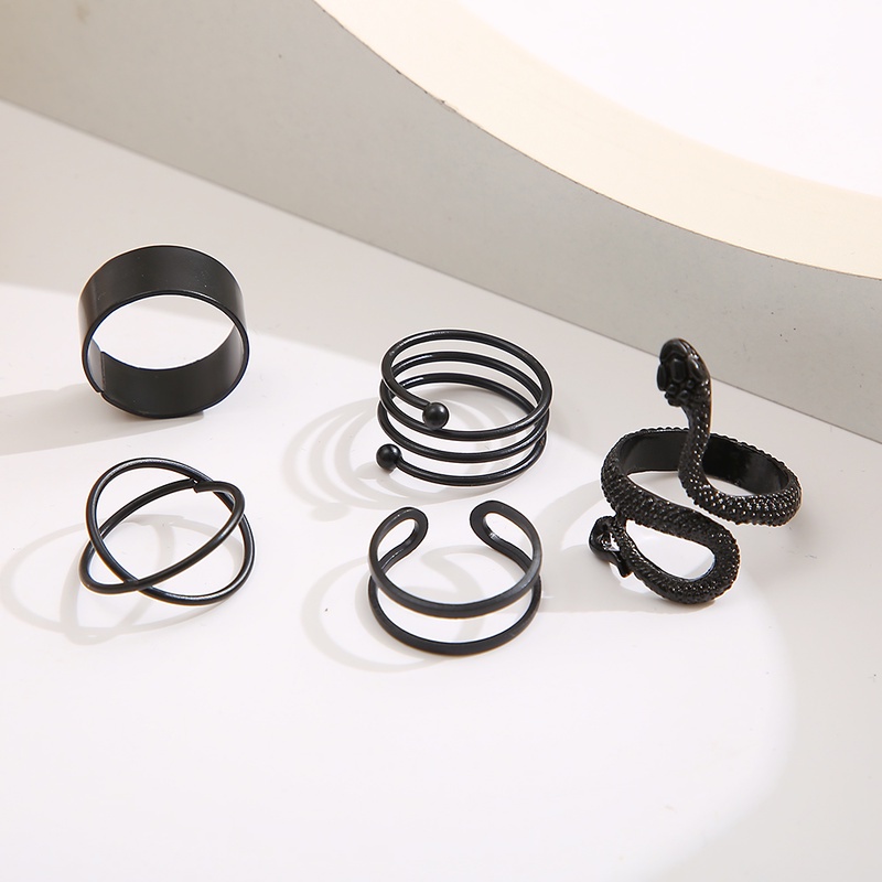 5pcs / Set Cincin Model Terbuka Desain Ular Warna Hitam Gaya Minimalis / Punk Adjustable Untuk Wanita