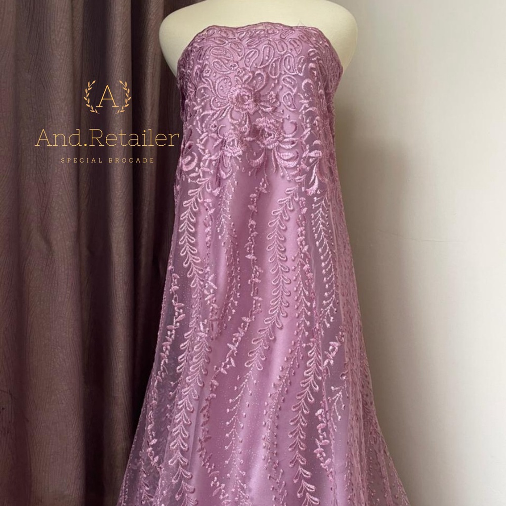 Kain Bahan Kebaya Brokat Tile Bordir Gloria Luxury Edition Warna Pinkish Lilac