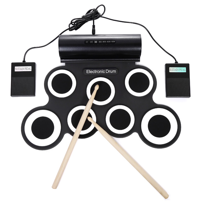 Set Drum Elektronik 7 Pad Silikon Gulung Portable 2 Warna Dengan Speaker Built-in + Stik Sustain Pedal