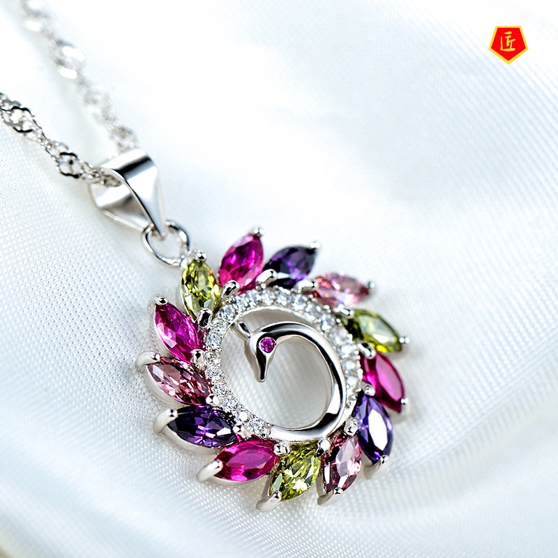 [Ready Stock]Colorful Gem Peacock Pendant Silver Necklace Graceful Personality