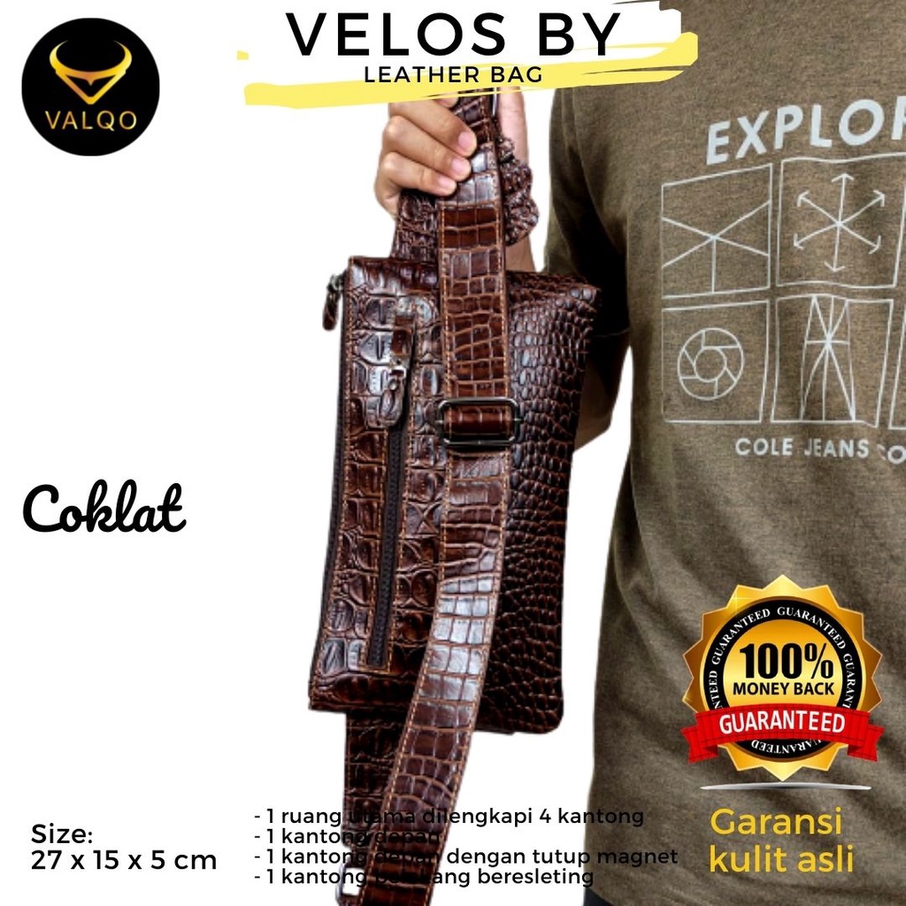 [VALQO] VELOS BY Tas Kulit Sapi Motif Buaya Waist Bag Dada Pinggang Sling bag Cowok Tas Pria