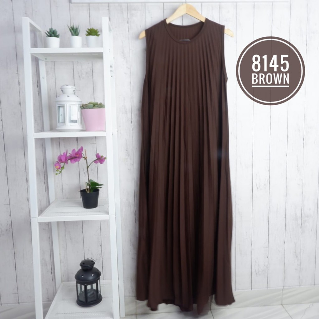 GAMIS PLISKET 8145 MAXY DRESS PLISKET PRISKET PLEATED DRESS PLISKET MAYUNG FLOWY TANPA LENGAN-Brown