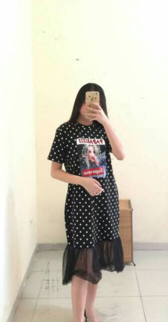 Dress Kaos Import panjang bahan kaos tebal premium motif polkadot mix tile aplikasi mutiara Ken-355