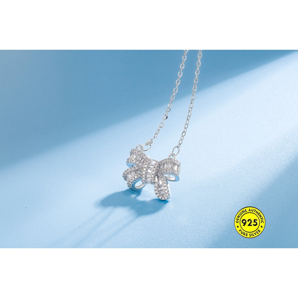 Kalung Desain Pita Aksen Berlian Imitasi Bahan S925 Silver Untuk Wanita