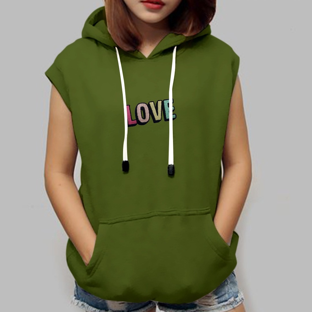 SLEEVELESS HOODIE ROMPI MOTIF BORDIR LOVE / VEST HOODIE WANITA TEBAL