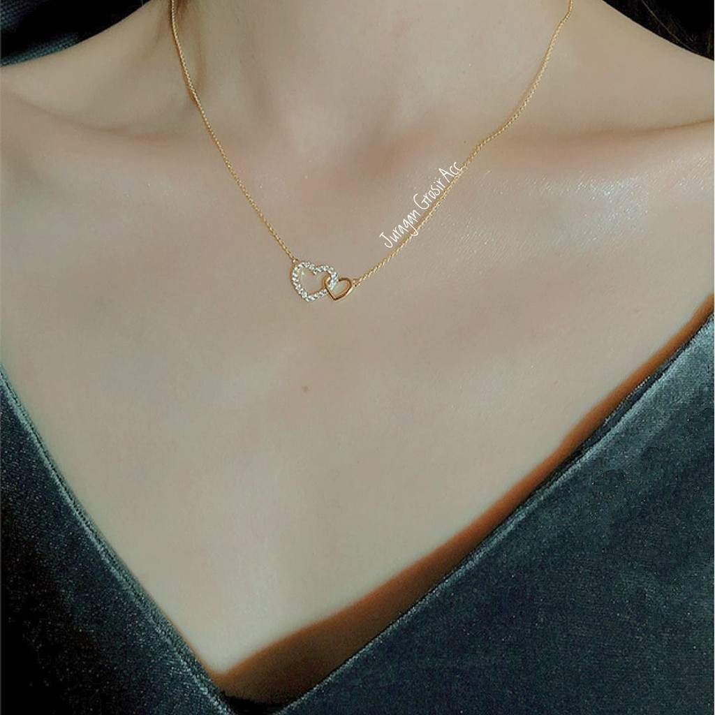 KALUNG TITANIUM LOVE GANDA SEMI PERMATA LOGAM EMAS24K ANTI KARAT&amp;ANTI LUNTUR DESAIN CASUAL TERMANIS
